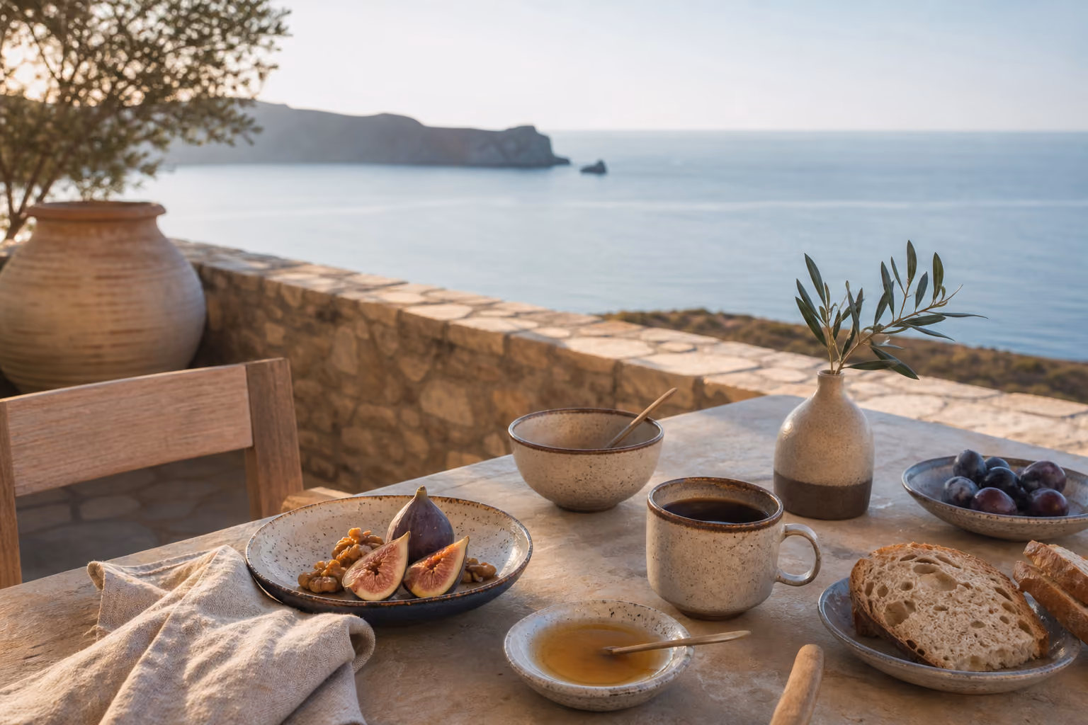 A Mediterranean breakfast on a sea-view terrace